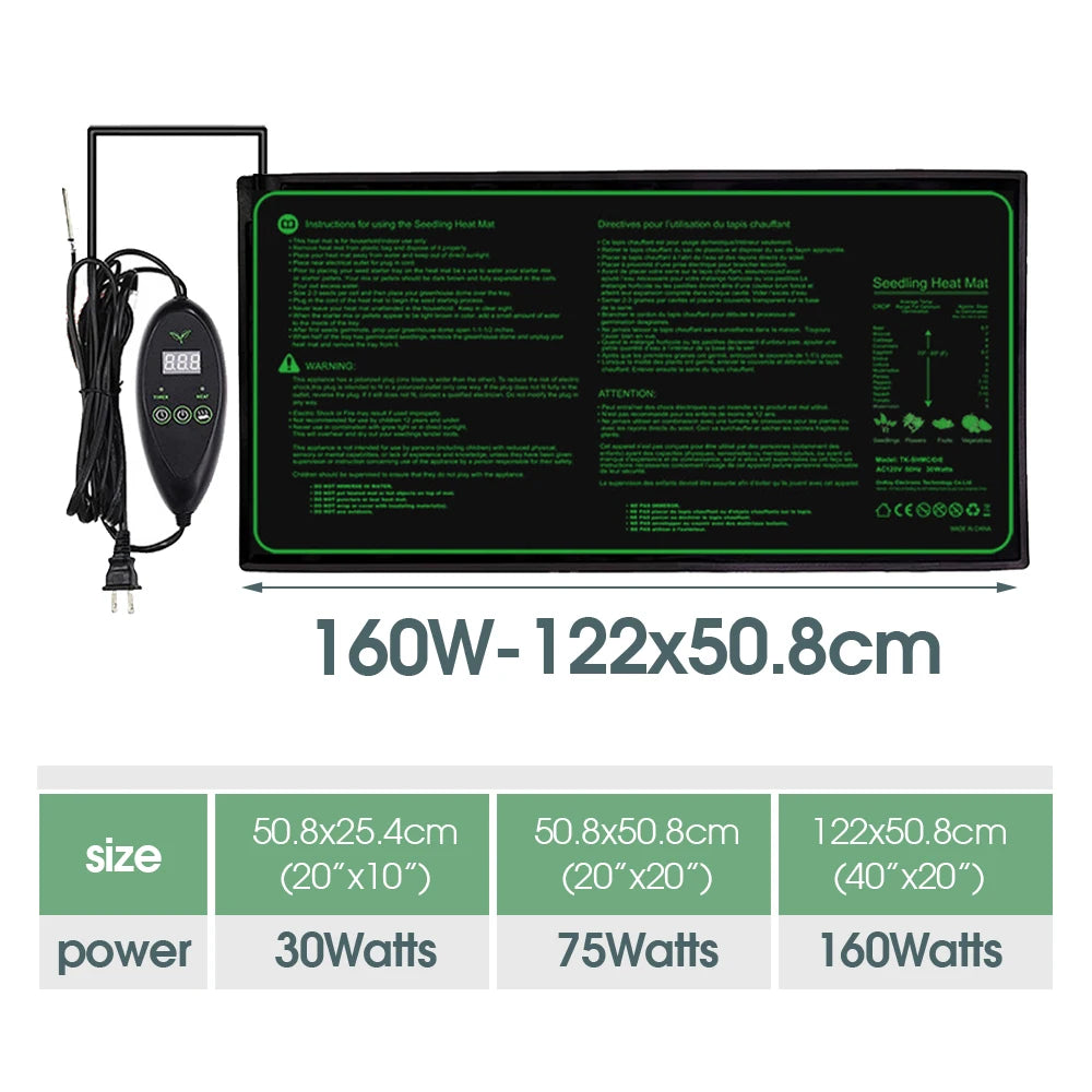 Black seed starter heat mat with green text and a separate black digital controller on a white background, with dimension text '160W-122x50.8cm' and a size/power specification table below.