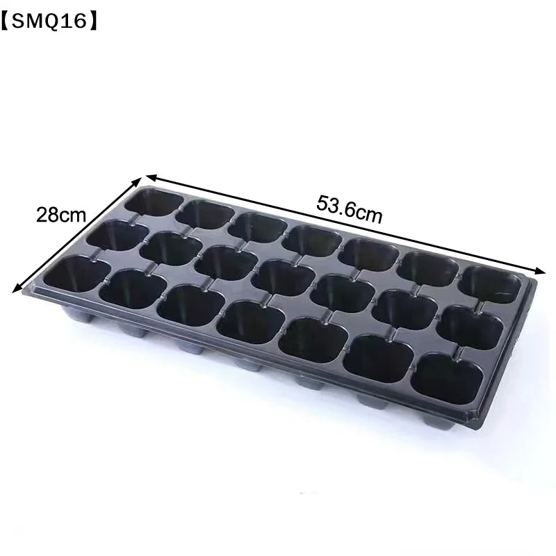 A black plastic 16-cell seed starter tray shown on a white background with dimension lines indicating 28cm by 53.6cm.