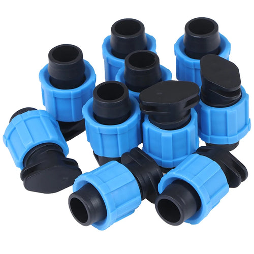 A set of blue and black plastic connector fittings arranged on a plain white background.