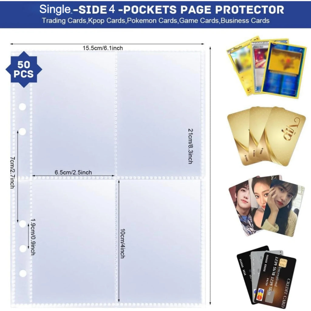 A product listing graphic for a 50-pack of single-sided page protectors for trading cards, K-pop cards, Pokémon cards, and game cards. The main visual is a white sheet diagram showing the four pocket sections with dimensions labeled (15.