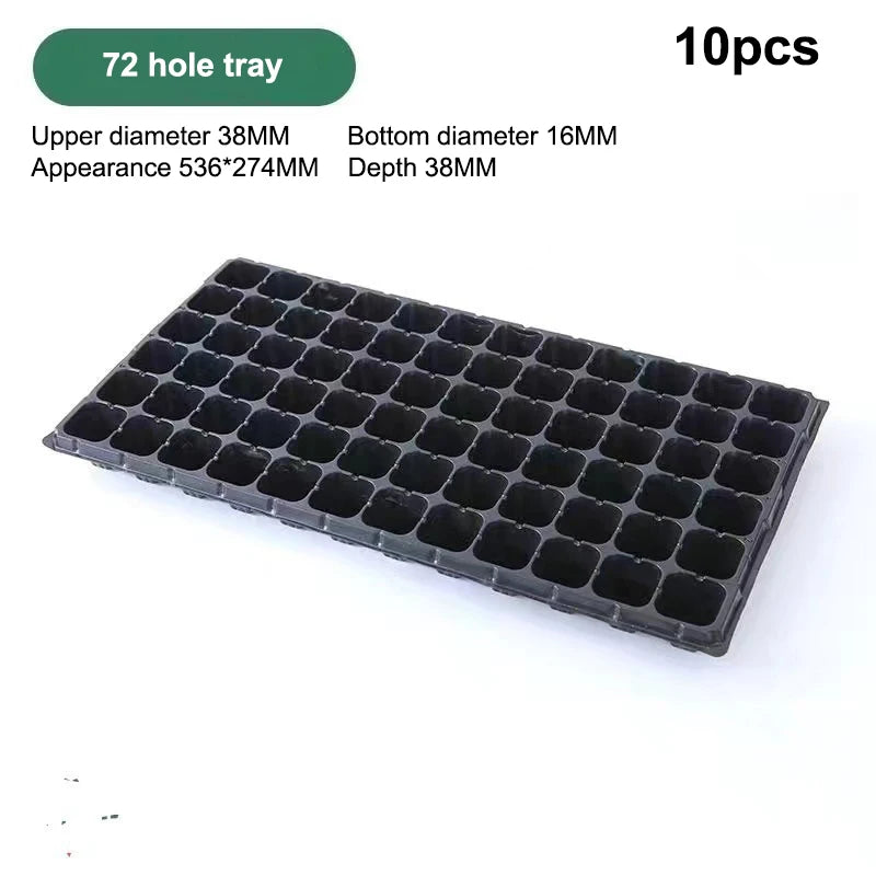 A 72-hole black plastic seedling tray shown at an angle on a white background, with text overlays indicating dimensions and a 10-piece pack size.
