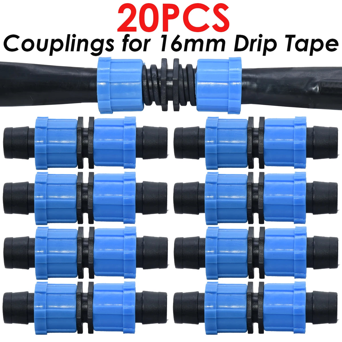 20PCS 5/8 inch Drip Tape Couplings for Irrigation 16mm Hose Repair 2-Way Quick Connector Thread Lock Extension Joint