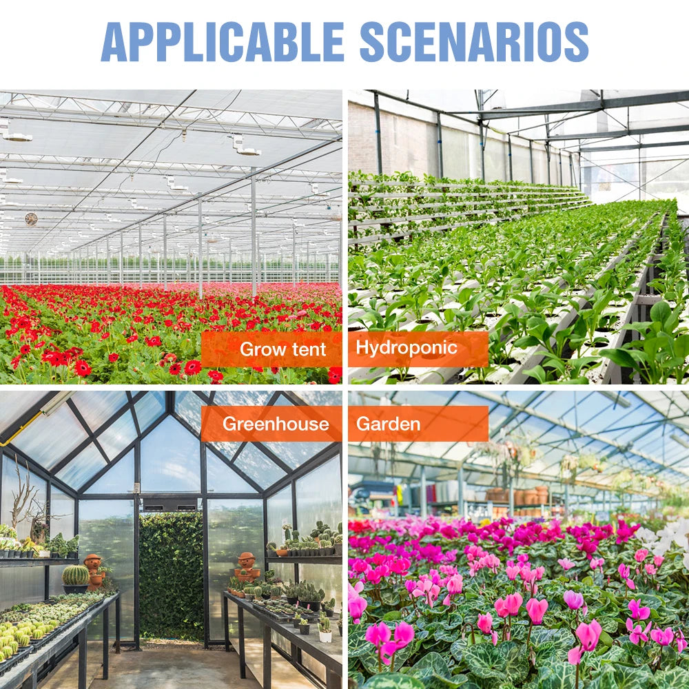 Collage of various gardening environments including grow tents, hydroponics, greenhouses, and gardens.