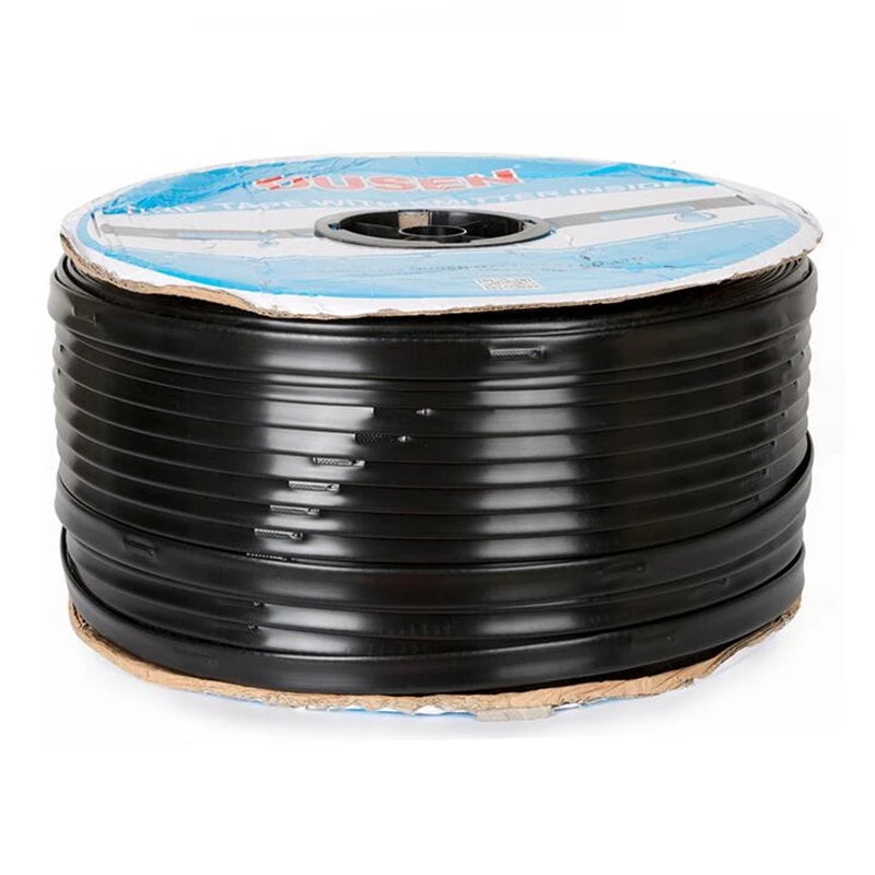 Spool of black cable with a blue label on a white background