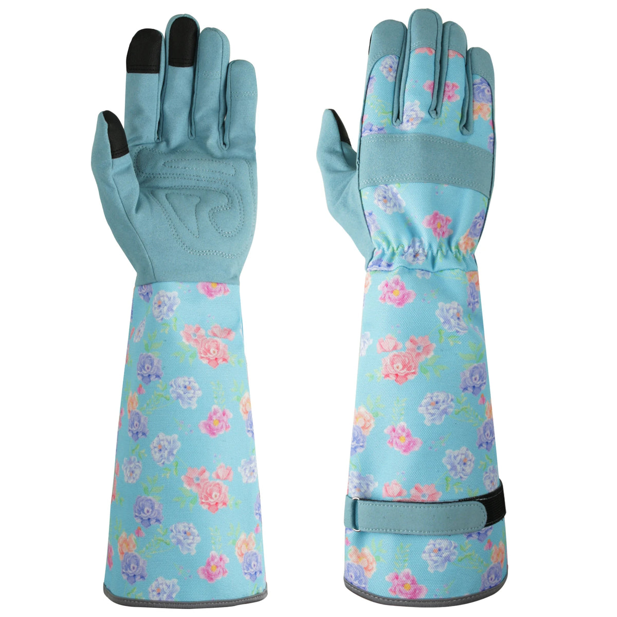 Pair of gloves with floral pattern on a light blue background