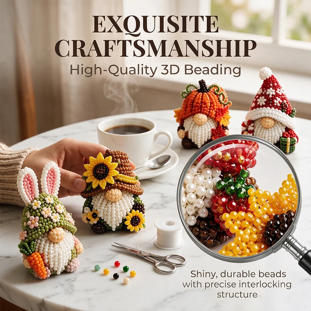 3D Beaded Gnome DIY Kit, 4 Adorable Bead Gnomes Ornament Set, Beginner Friendly Handicraft Hobby Kit For Adult Craft Lovers
