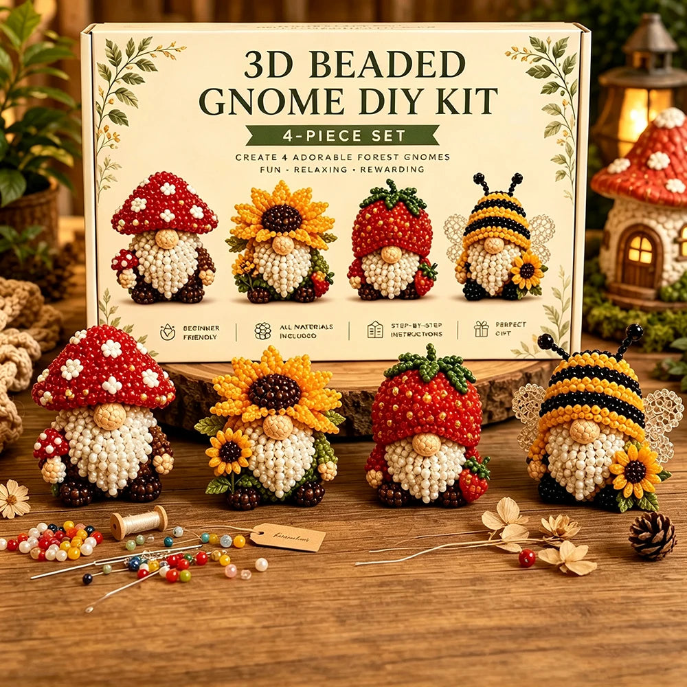 3D Beaded Gnome DIY Kit, 4 Adorable Bead Gnomes Ornament Set, Beginner Friendly Handicraft Hobby Kit For Adult Craft Lovers