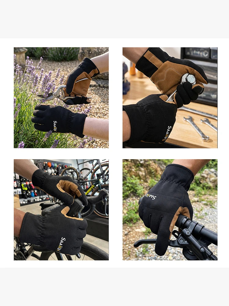 Collage of hands wearing black and brown gloves with 'SUNNY' branding, performing various activities.