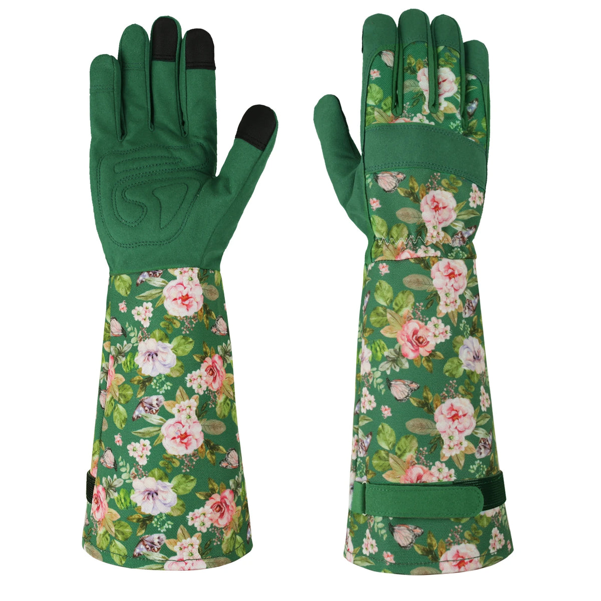 Green gardening gloves with floral pattern on a white background