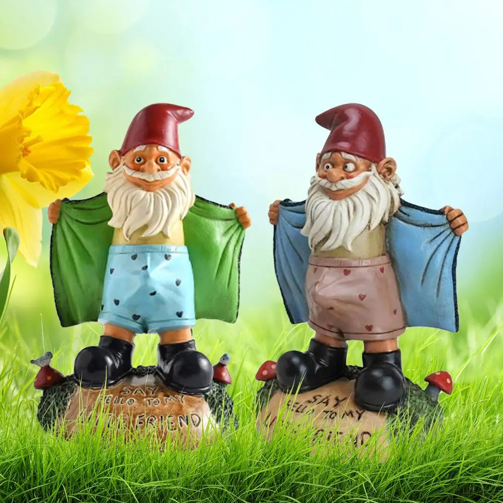 Two garden gnomes holding cloths with text on a grassy background