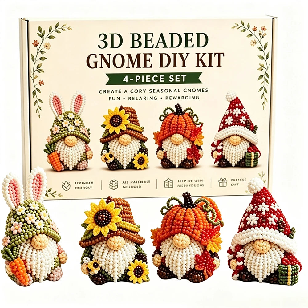 3D Beaded Gnome DIY Kit, 4 Adorable Bead Gnomes Ornament Set, Beginner Friendly Handicraft Hobby Kit For Adult Craft Lovers
