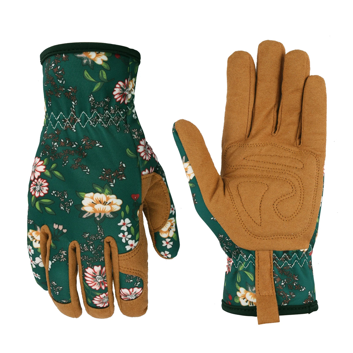 Pair of gloves with floral pattern on one and brown leather on the other, on a white background.