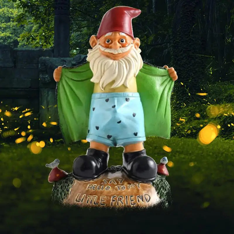 Gnome figurine with a green cape and text 'Say hello to my little friend' on a grassy background.