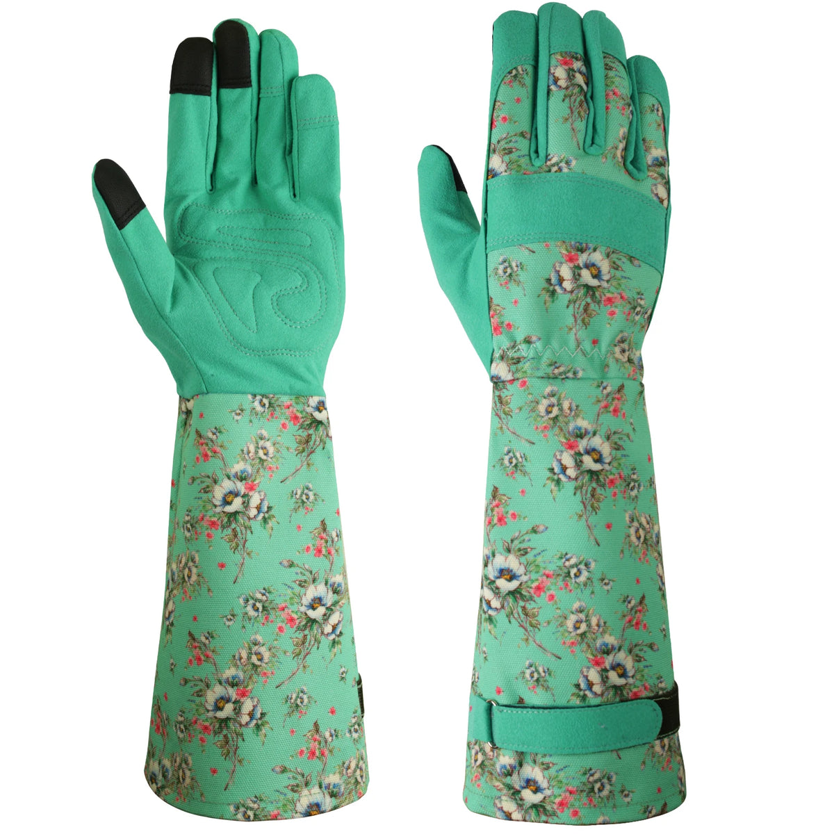 Pair of green gardening gloves with floral pattern on a white background