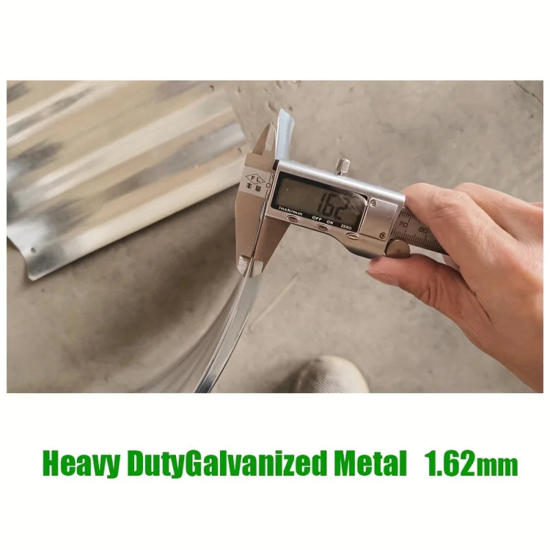 Hand using a digital caliper to measure heavy-duty galvanized metal with text indicating thickness.