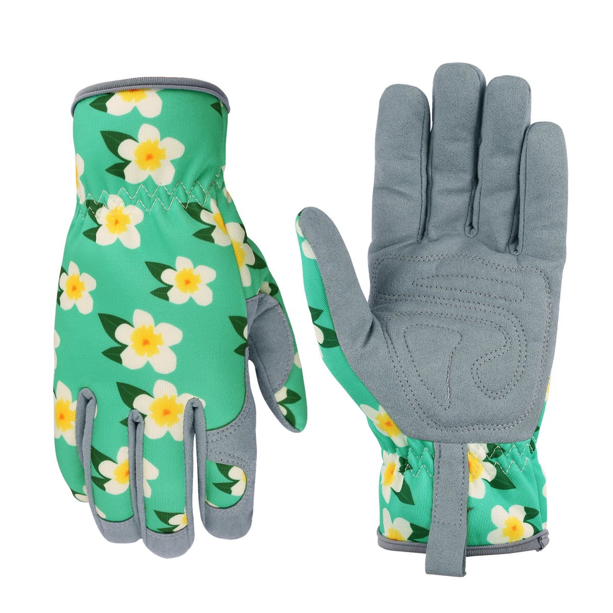 Pair of gloves with floral pattern on one and gray on the other, on a white background.