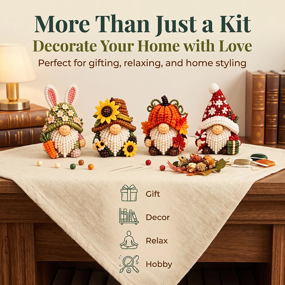 3D Beaded Gnome DIY Kit, 4 Adorable Bead Gnomes Ornament Set, Beginner Friendly Handicraft Hobby Kit For Adult Craft Lovers