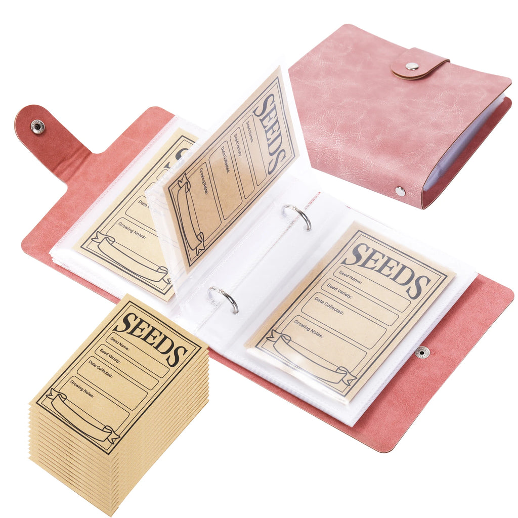 Set of seed packaging labels with a pink holder on a white background