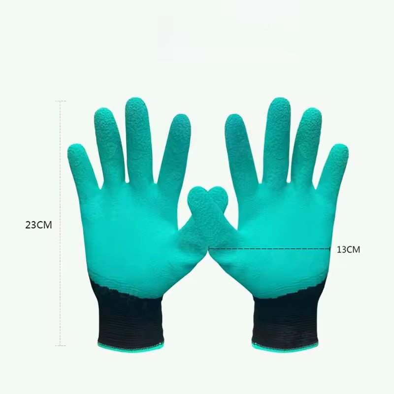 Pair of green gloves with black cuffs on a white background, showing measurements.