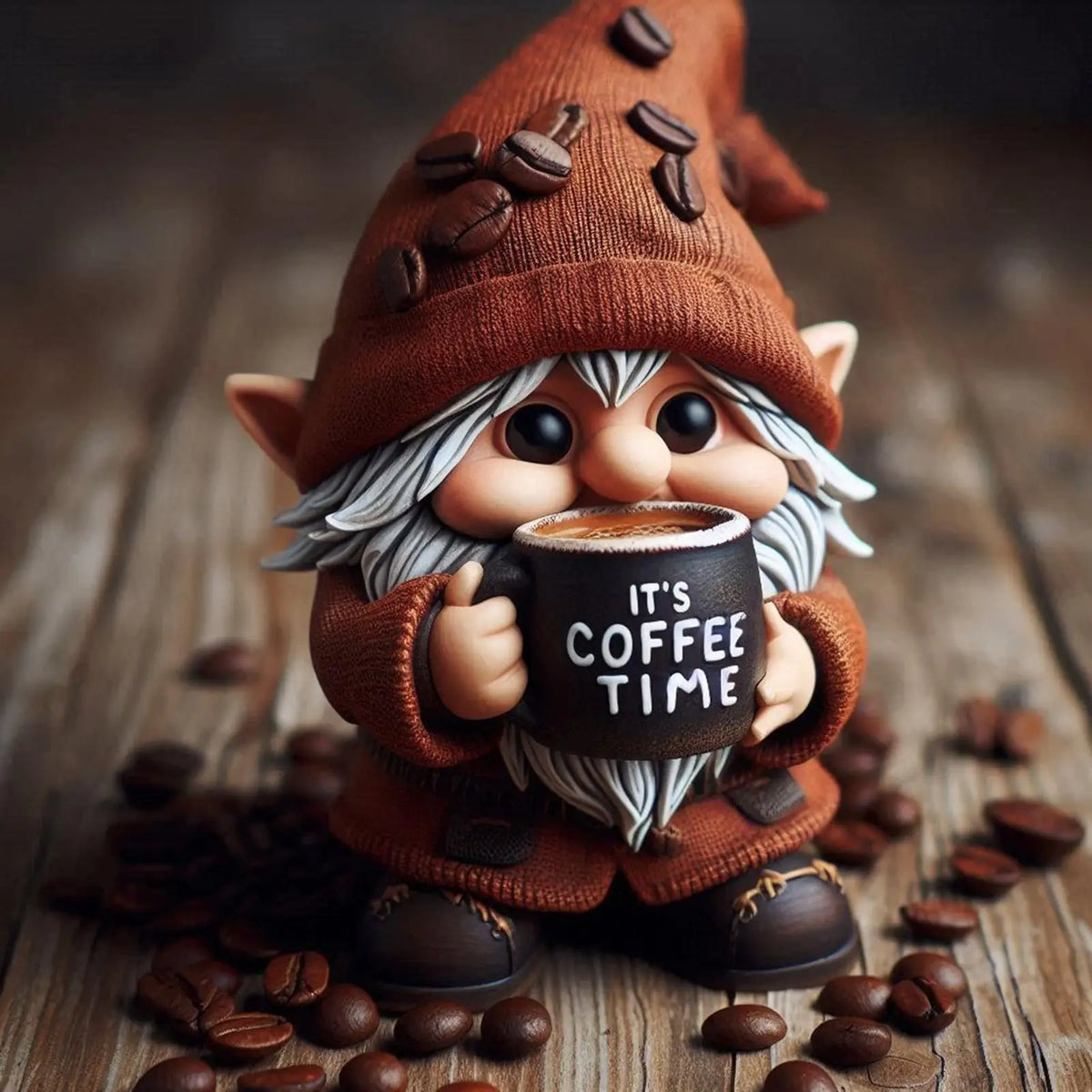 Gnome holding a mug with 'It's Coffee Time' text surrounded by coffee beans on a wooden surface.
