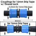 Technical product diagram showing a blue and black coupling for 16mm drip tape with thread lock, including dimension labels of 16.4mm, 80.