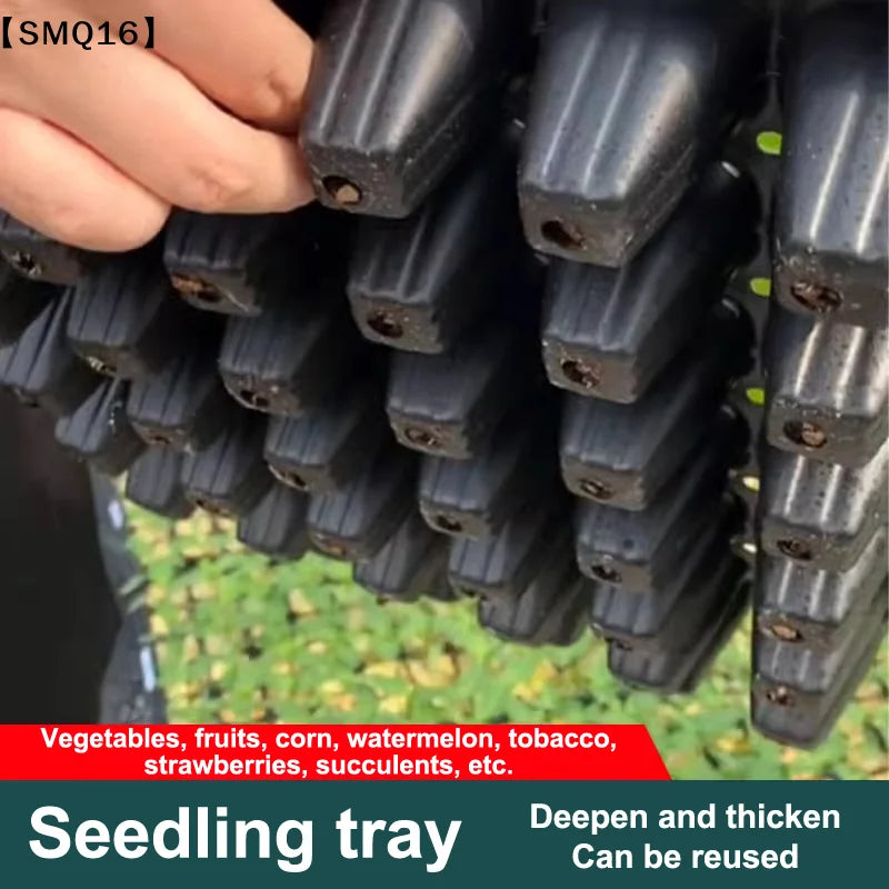 A close-up of a hand holding a bundle of black plastic seedling trays, with text overlays indicating they can be reused for vegetables, fruits, corn, watermelon, tobacco, strawberries, and succulents.