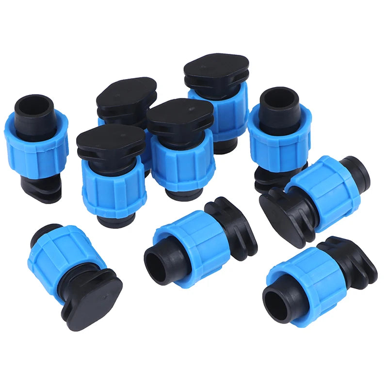 A set of ten blue and black plastic garden hose connectors arranged on a plain white background.