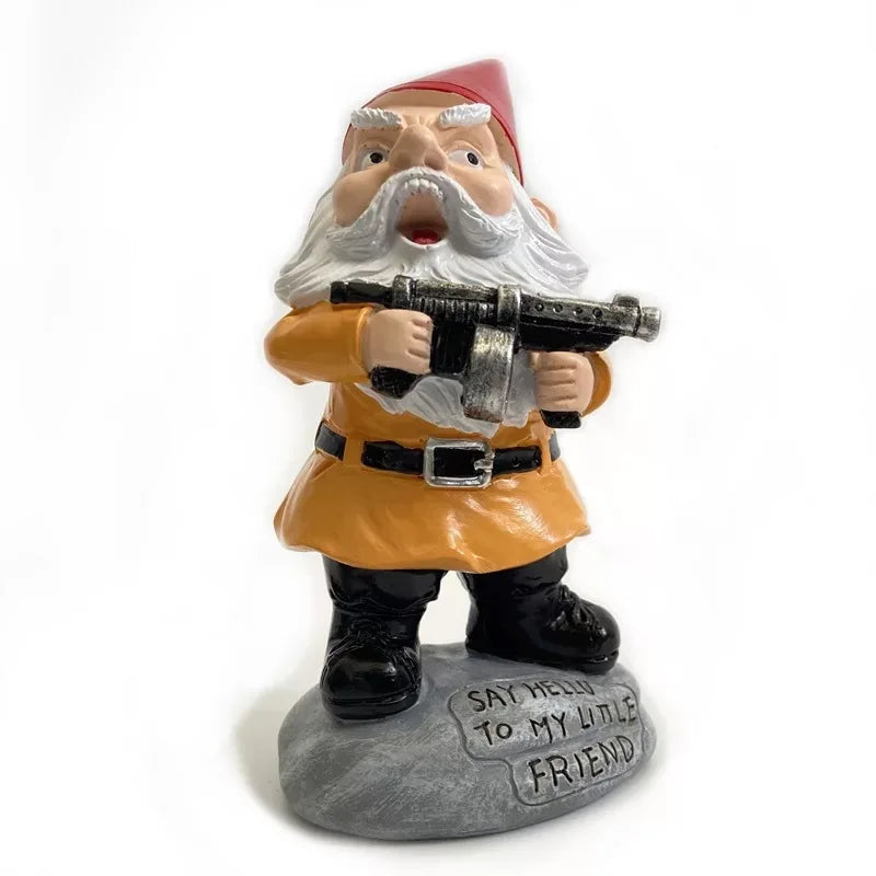 Gnome figurine holding a rifle on a white background