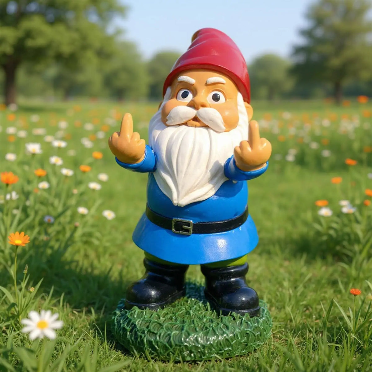 A painted garden gnome figurine standing on a grassy base in a blurred outdoor field with flowers and trees. The gnome wears a red hat, blue tunic, white beard, black belt and boots, and is gesturing with both hands raised.