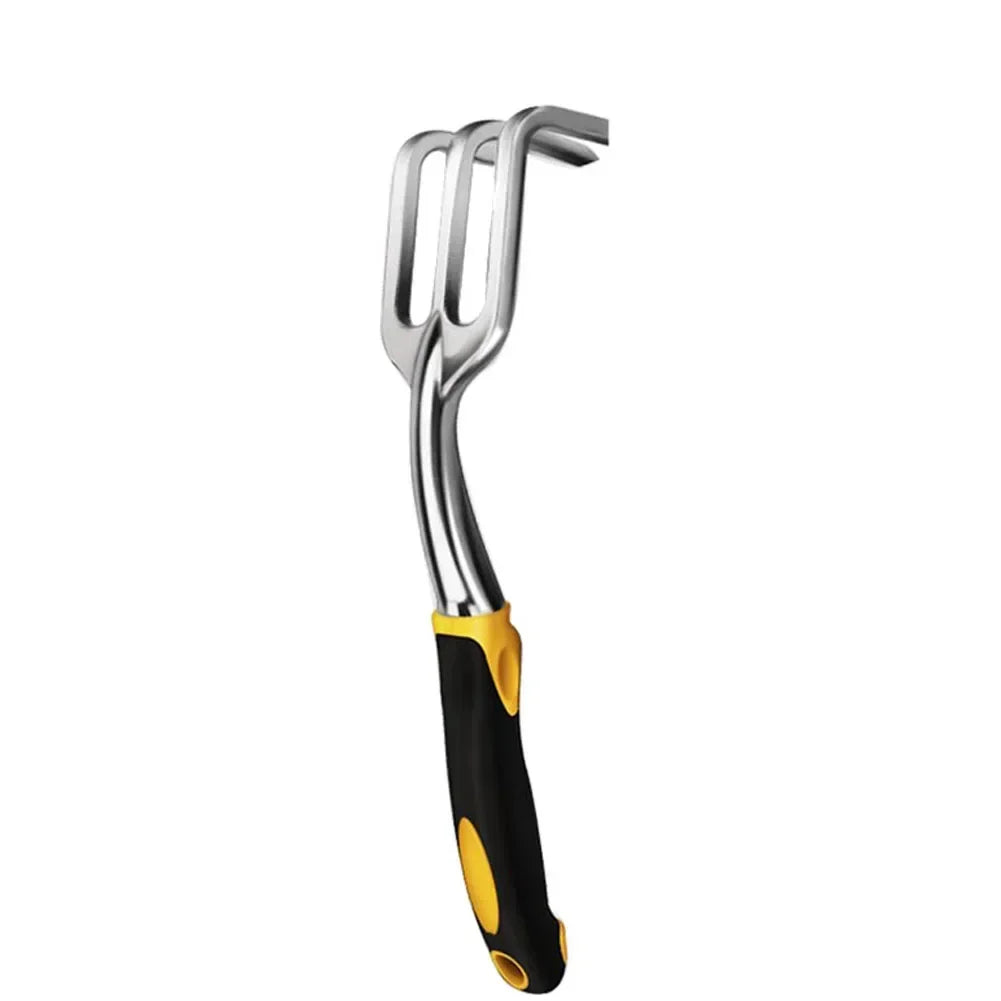 Garden fork with black and yellow handle on a white background