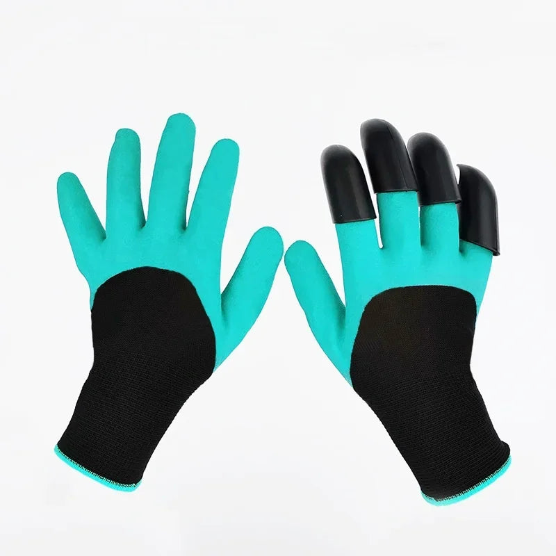 Pair of gardening gloves with black cuffs on a white background