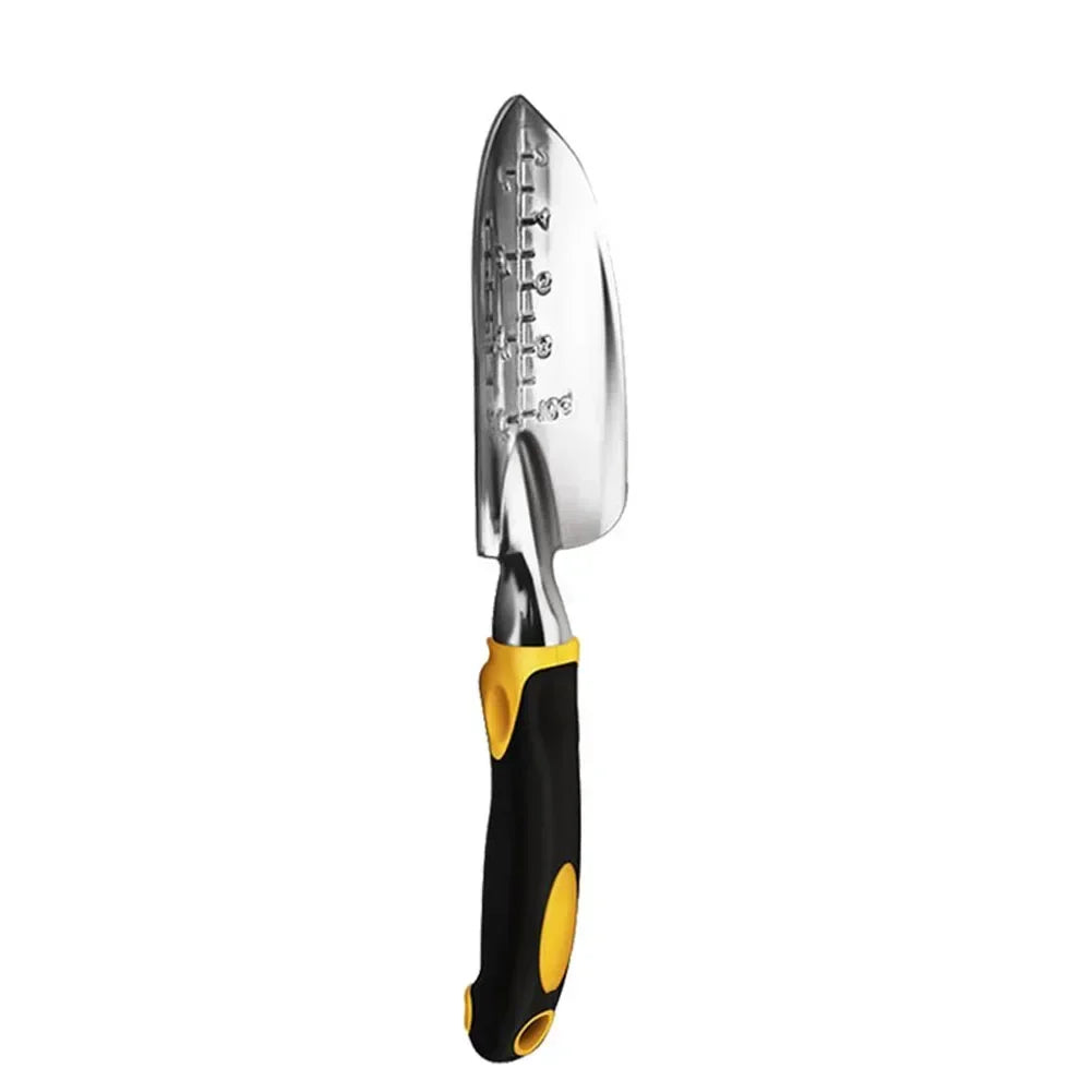 Gardening trowel with black and yellow handle on a white background