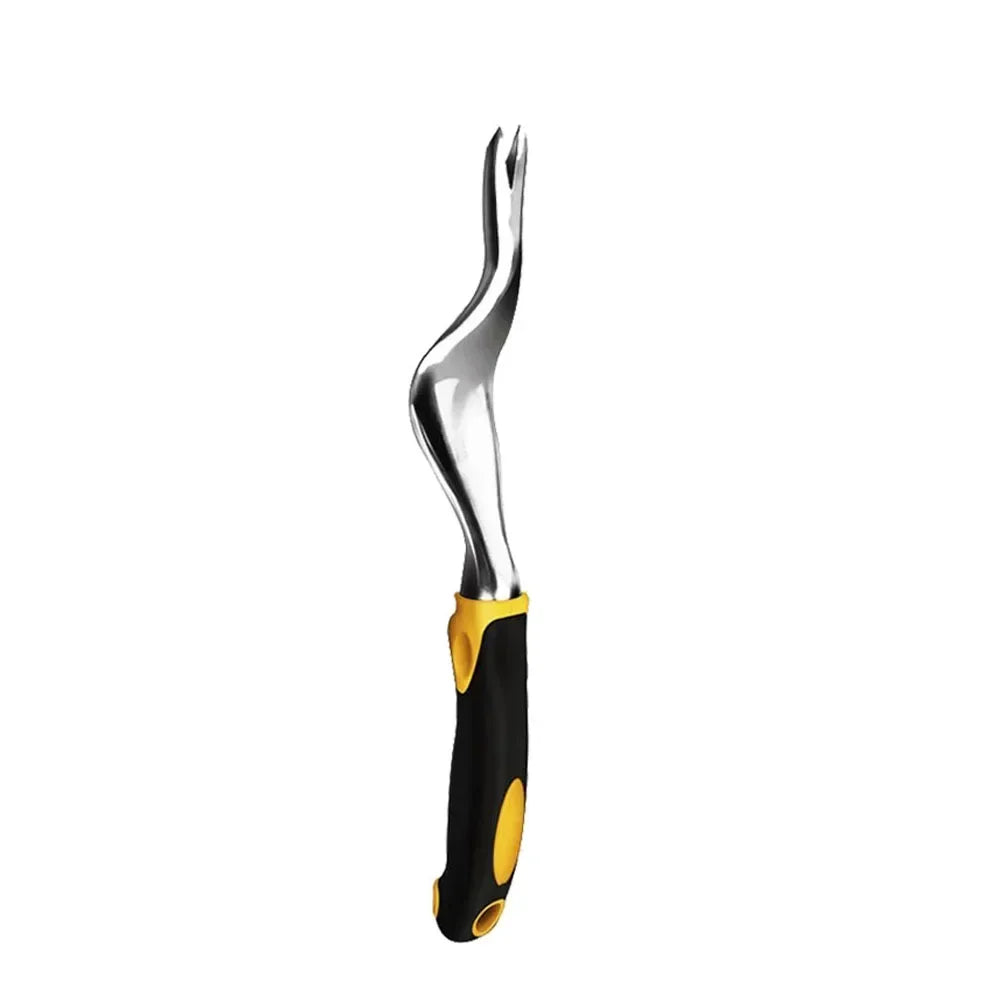 Garden tool with a black and yellow handle on a white background