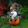 Gnome figurine with a witch hat and snail on a pumpkin in a garden setting