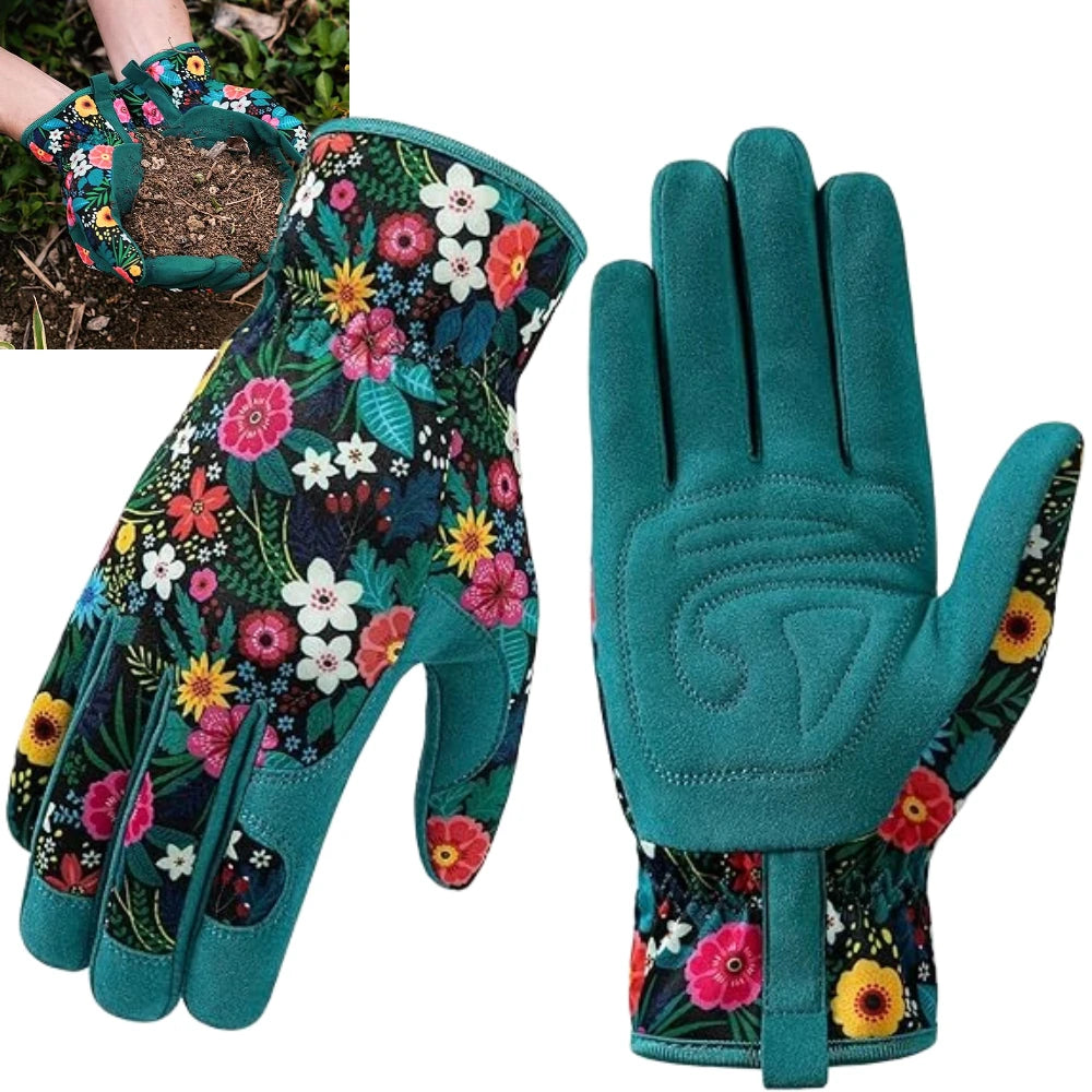 Gardening gloves with floral pattern on a white background