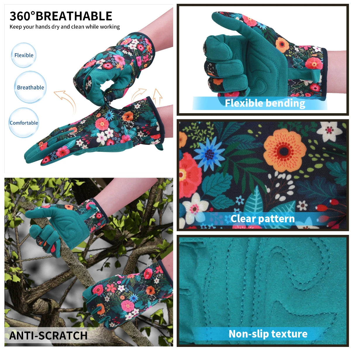Floral patterned gloves with text highlighting features like 360° breathable, flexible bending, anti-scratch, and non-slip texture.