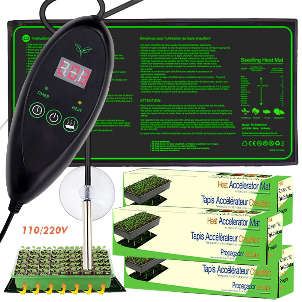 A seed starter heat accelerator kit featuring a black digital timer controller, a green and black heat mat with usage instructions, a clear suction cup, a small tray of seedlings, and three stacked boxes of seeds labeled 'Tapis Accélérateur Colletage' and 'Propagateur Semences'.