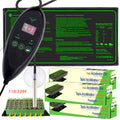 A seed starter heat accelerator kit featuring a black digital timer controller, a green and black heat mat with usage instructions, a clear suction cup, a small tray of seedlings, and three stacked boxes of seeds labeled 'Tapis Accélérateur Colletage' and 'Propagateur Semences'.
