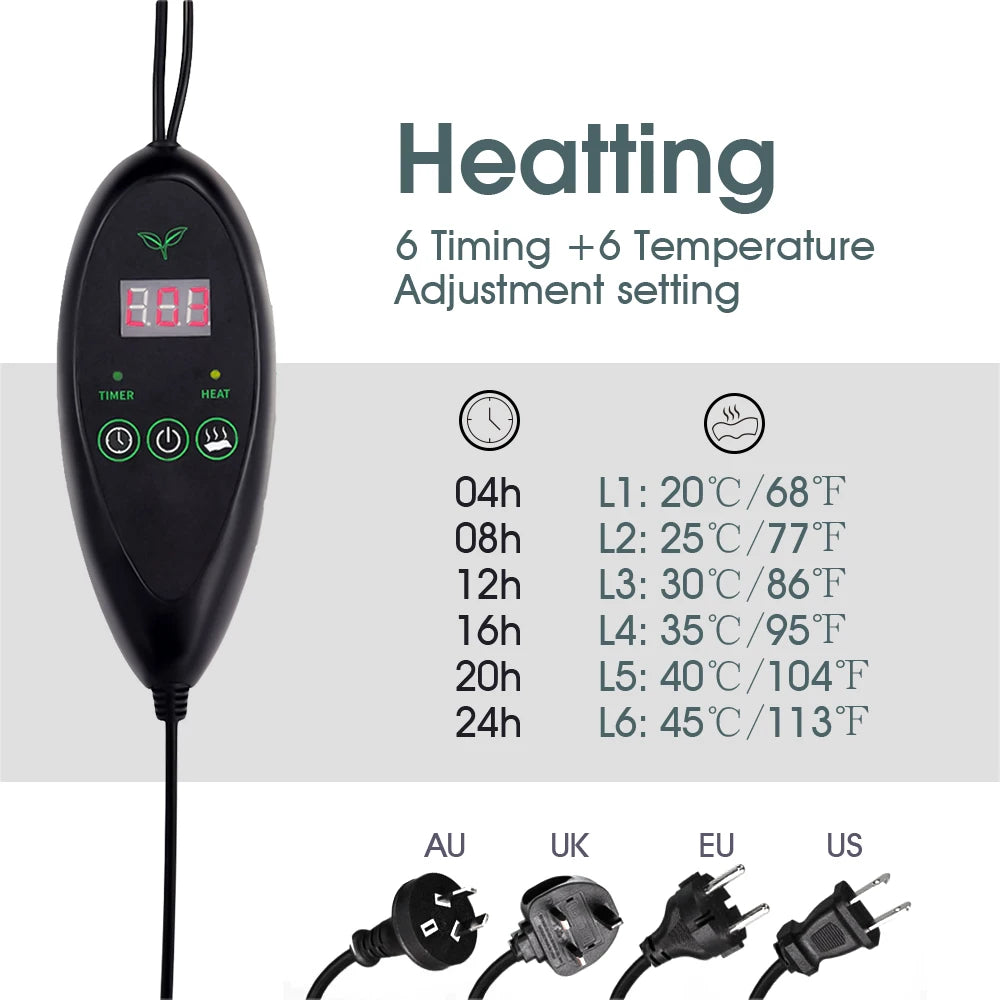 A black digital electric heating pad controller shown on a light gray background with text reading 'Heating' and settings for 6 timings and 6 temperature adjustments. Plug type icons for AU, UK, EU, and US are shown at the bottom.