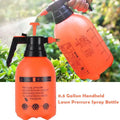 An orange 0.5 gallon handheld pressure spray bottle with a black sprayer, shown both empty and being used to spray green plants outdoors.