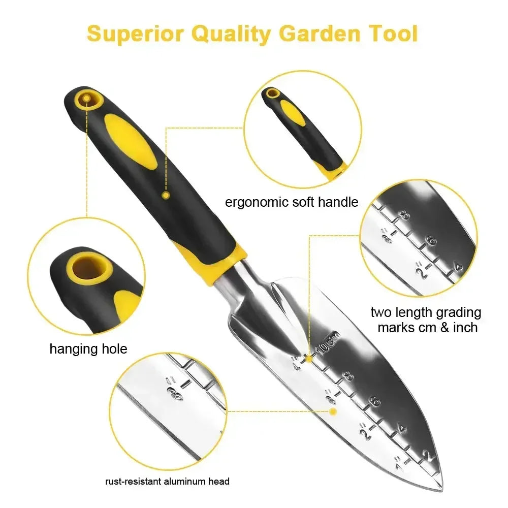 Garden tool with ergonomic handle and measurement markings on a white background