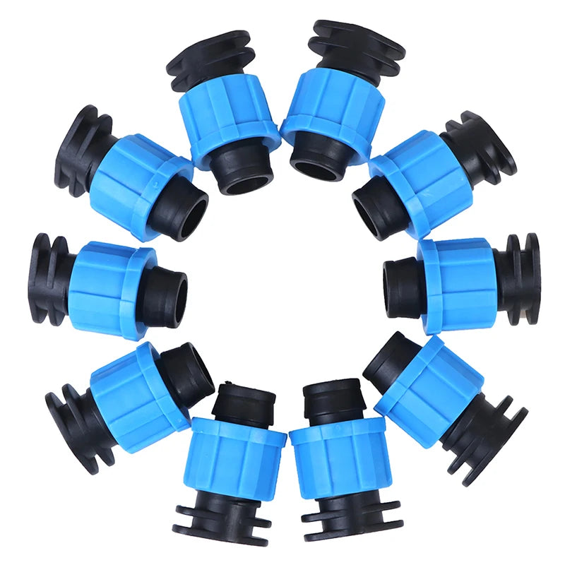 Eight blue and black plastic connector fittings arranged in a circular pattern on a plain white background.