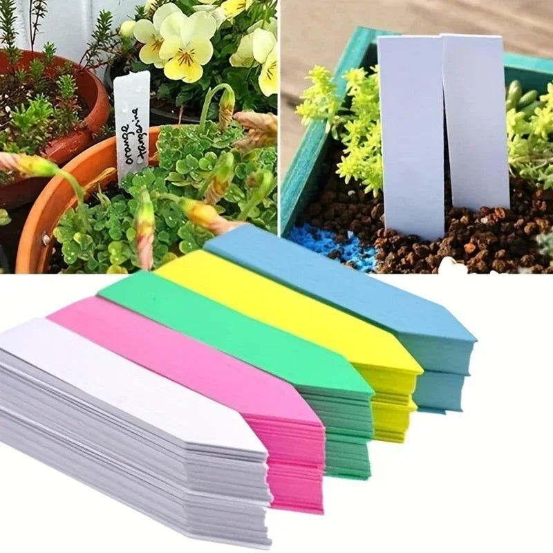 Colorful plant labels with plants and gardening scenes.