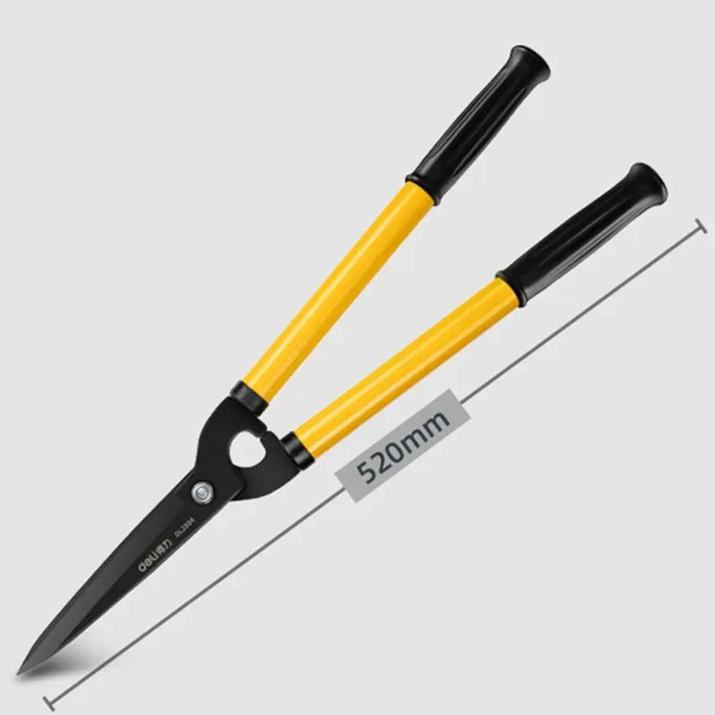 Garden shears with yellow handles and black blades, shown with a measurement label on a light gray background.