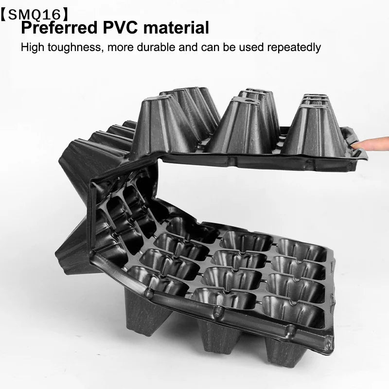 A black flexible PVC egg carton mold shown open on a white background, with a finger lifting one side to demonstrate flexibility. Text at the top reads 'Preferred PVC material' and 'High toughness, more durable and can be used repeatedly.