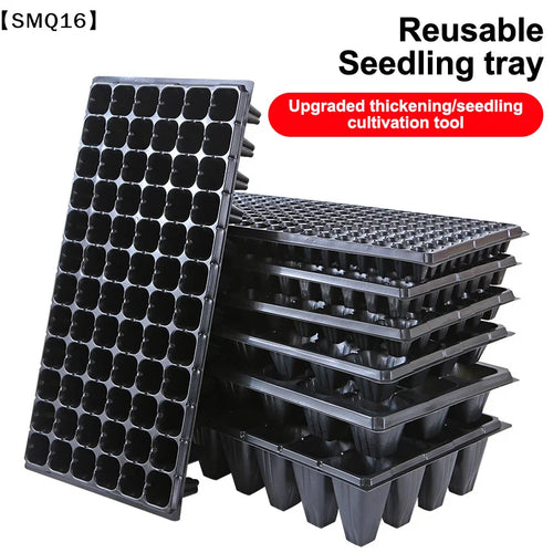 Black reusable seedling tray set with one upright tray and a stacked pile of seedling trays, shown on a white background with promotional text reading 'Reusable Seedling tray' and 'Upgraded thickening/seedling cultivation tool'.