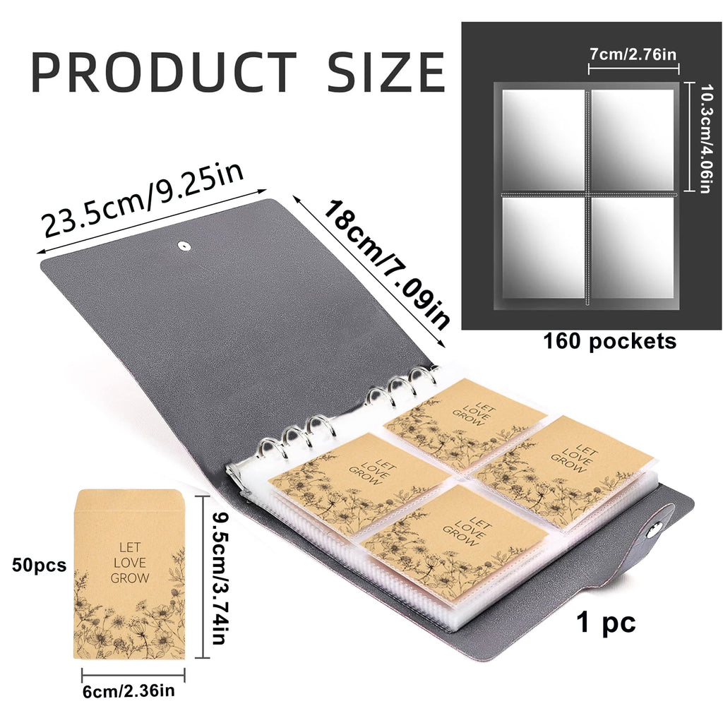 Product size chart for a photo album with dimensions and capacity details.