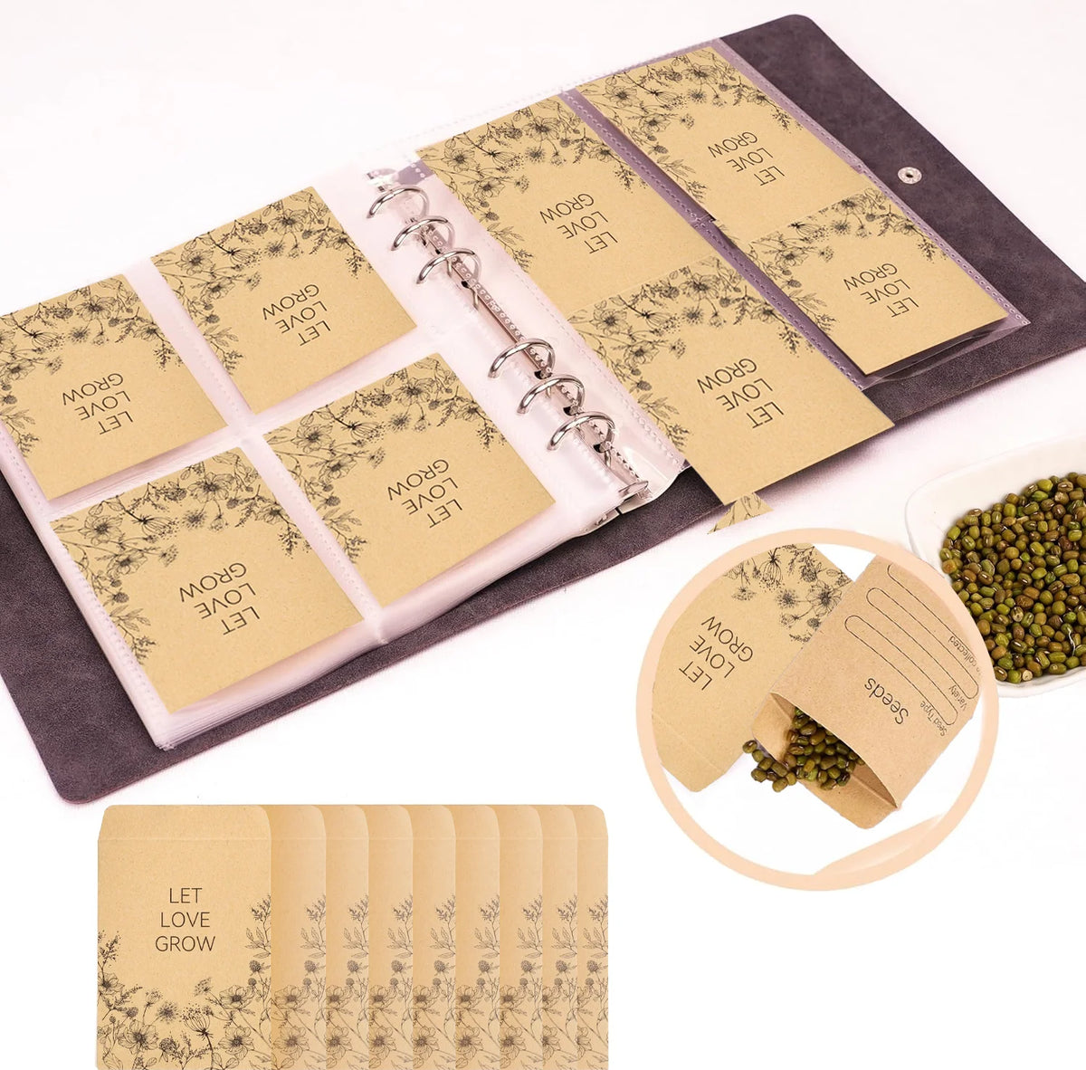 Set of seed packets with 'Let Love Grow' text and a small wooden container with seeds on a white background.