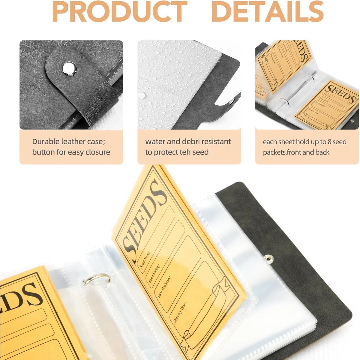 Seed packet organizer with durable leather case and water-resistant design on a white background.
