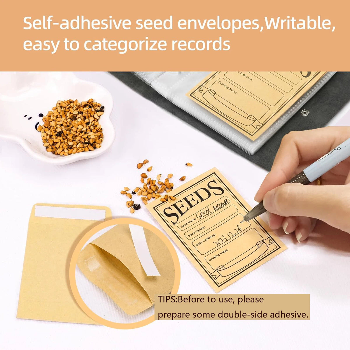 Self-adhesive seed envelopes with a person writing on one of them, surrounded by seeds and a pen.